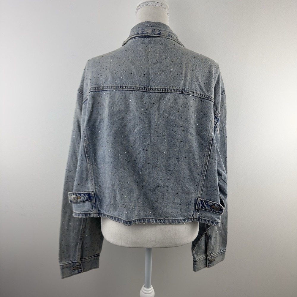 ZARA Women's Denim Jacket XXL Blue Studded Rhinestone Embellished NWT - Picture 2 of 12
